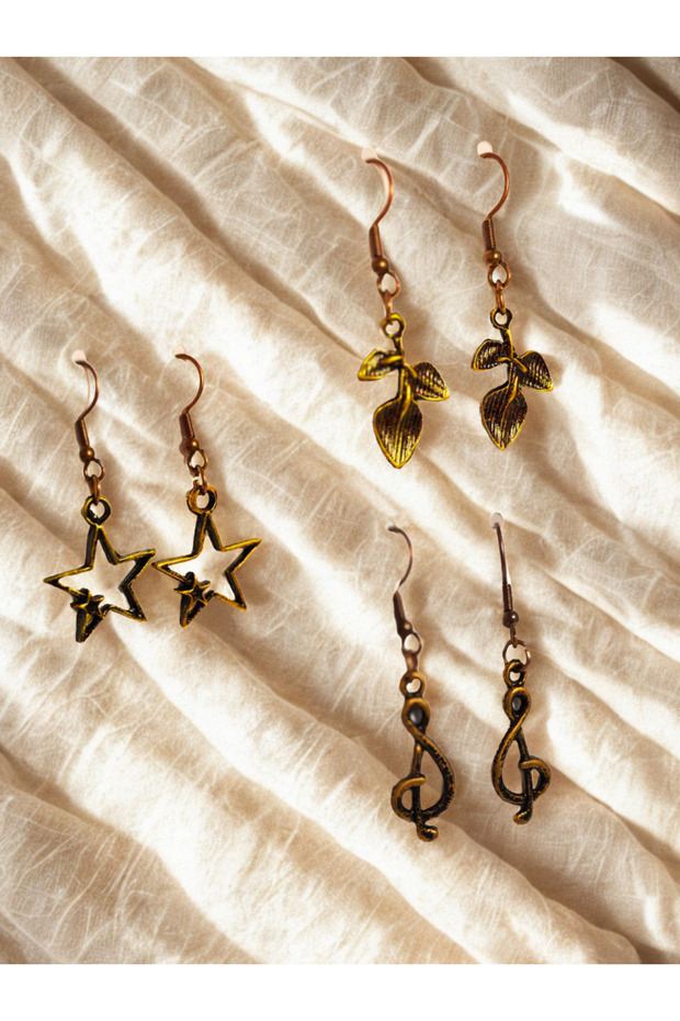 Set of 3 Women's Earrings - Zamak Plated Earrings | Star, Musical Note (Left Key), Leaf Authentic Motif Earrings