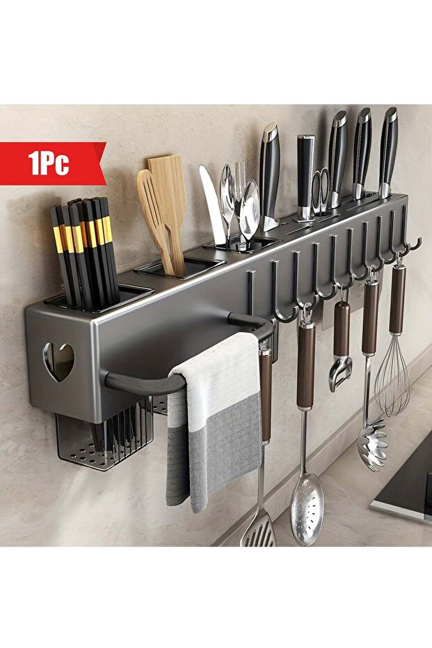 Premium Wall-Mounted Knife Storage Rack - Metal Kitchen Organizer With Hooks And Utensil Holder - S