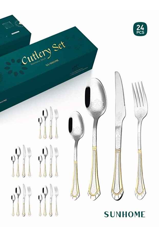 SUNHOME 24-Piece Stainless Steel Cutlery Set Kitchen Utensil Set Western Tableware Suitable For Home Kitchen Restaurant Hotel Party Dining Picnic Dining Exquisite Packaging Gift