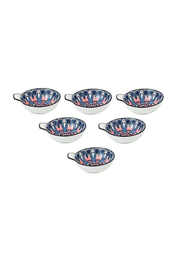 6-Piece Hand-Painted Bowl With Handle Dark Blue/White 11.2x9.5x4cm
