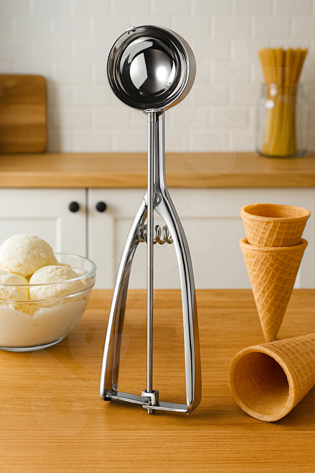 Stainless Steel Ice Cream Scoop - Cookie Halva Mold and Spoon - Serving Lockable Mechanism
