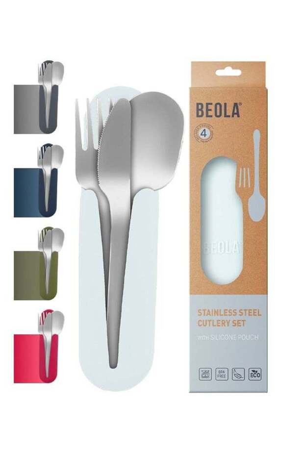Stainless Steel Cutlery Set, Travel Utensils Set with Silicone Case Pouch, Fork Spoon Knife Camping Set, Cutlery Set for Kids School, Set of 4 (Ice Blue)