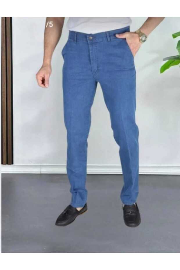 Classic Cut Blue Stretch Fabric Men's Classic Jeans with Side Pockets Stretch Fabric High Waist