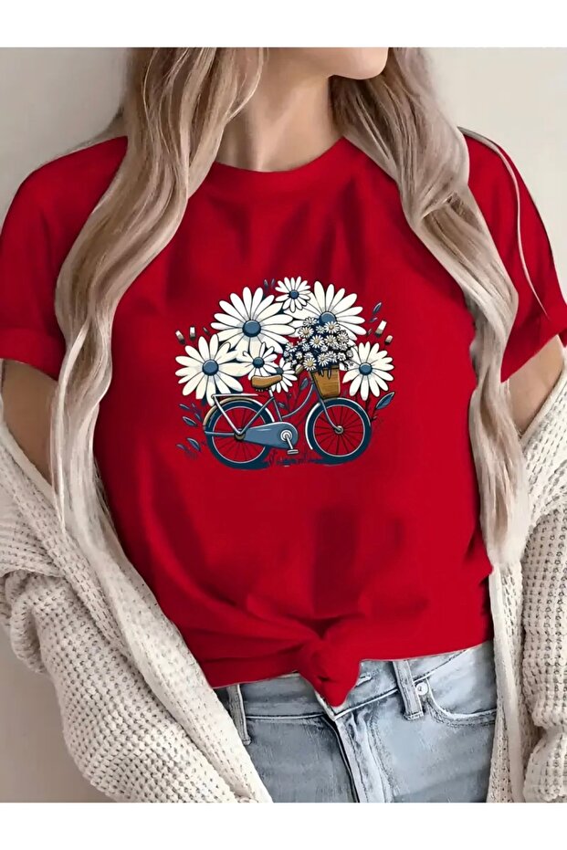 Unisex Oversize Circleneck T-Shirt with Daisy and Bike Print