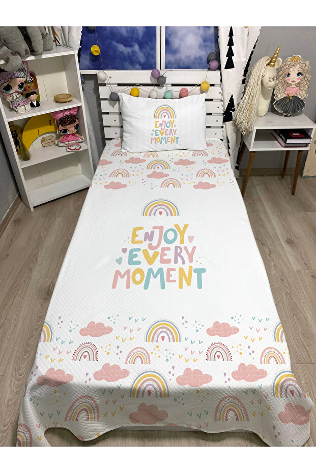 Clouds and Rainbow Patterned Baby Kids Pique and Pillowcase Bedspread Set