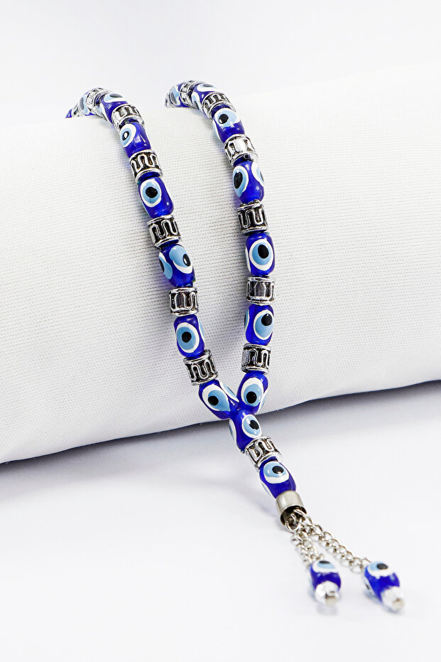 Navy Blue Glass Evil Eye Beaded Silver Beaded Tassel Prayer Beads, Evil Eye Beaded Gear Ornament