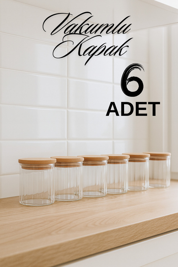 Set of 6 Striped Glass Spice Jars – Set of Jars with Airtight Wooden Vacuum Lids 365 ml
