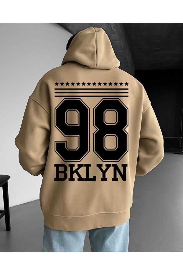98 BKLYN سويت شيرت مطبوع بقلنسوة كبير الحجم للجنسين – قماش 3 خيوط