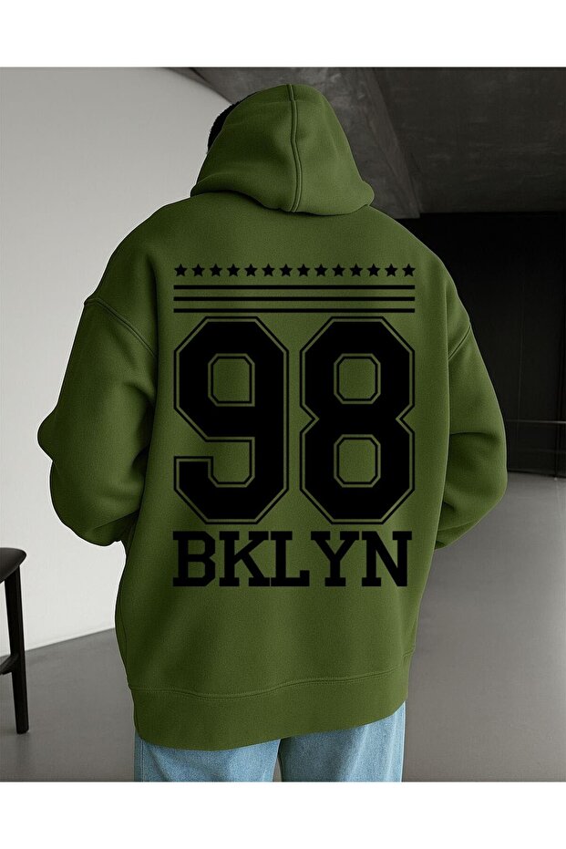 98 BKLYN سويت شيرت مطبوع بقلنسوة كبير الحجم للجنسين – قماش 3 خيوط