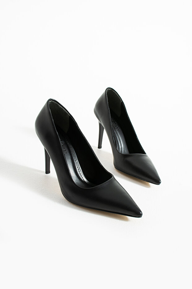 Siyah Vegan Deri Mat 9cm Topuklu Hafızalı Pedli Rahat Kalıp Sivri Burun Kadın Stiletto - 6