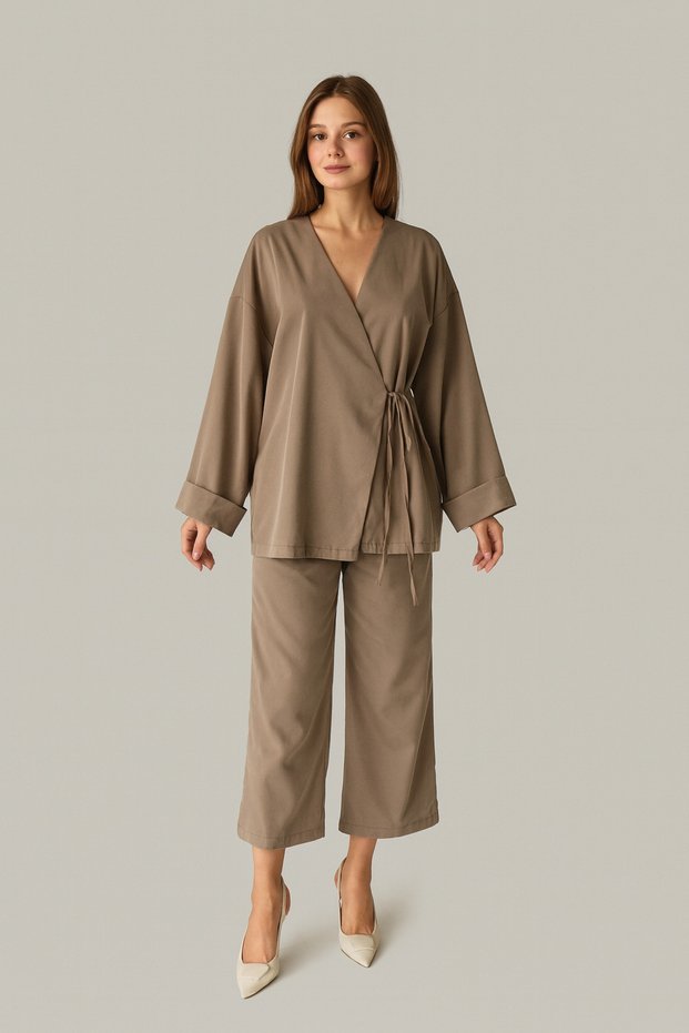 Khaki Lisa Side Tie Trousers Set - 033