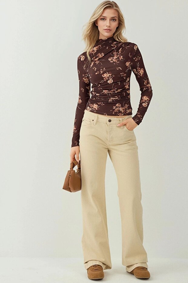 Patterned Stand Collar Long Sleeve Top - 4