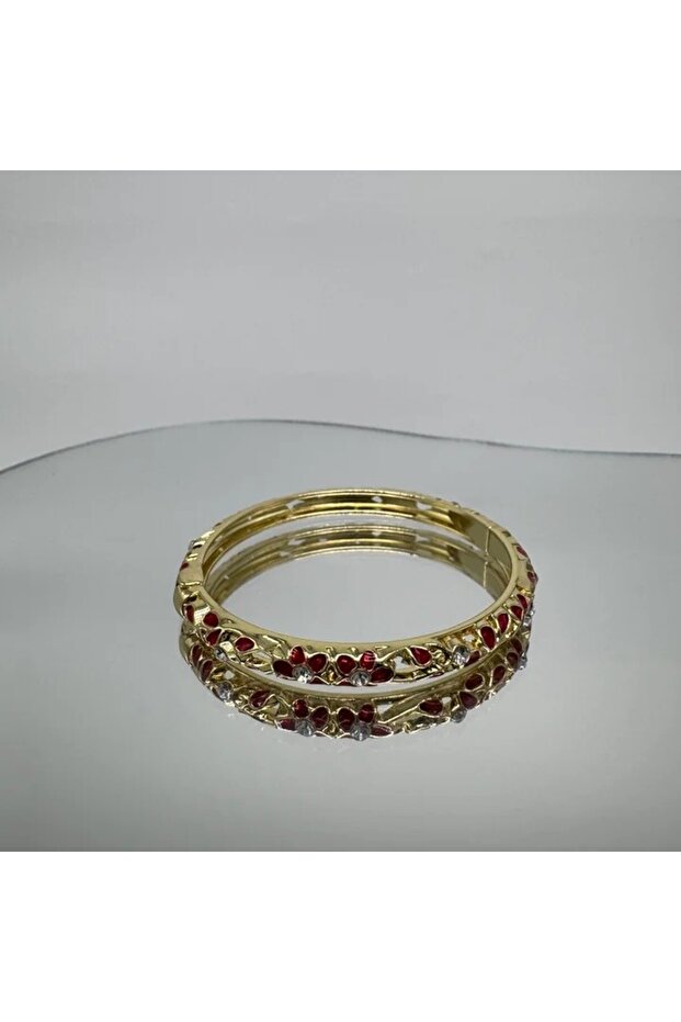 Special Series Red Enamel Flower Handcuff Bracelet - Gold