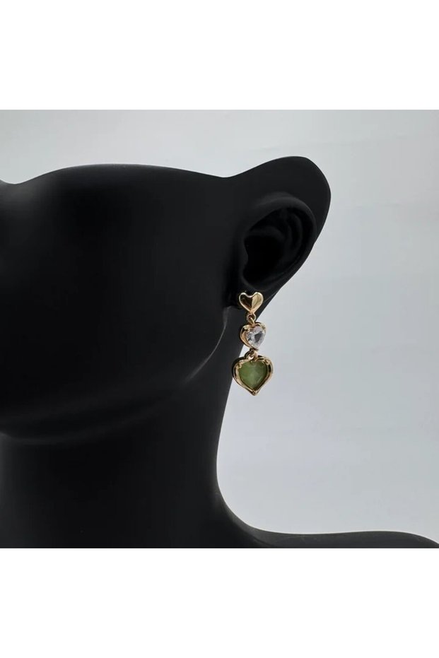 Special Series Gold Green Heart Detail Extended Earrings - Gold