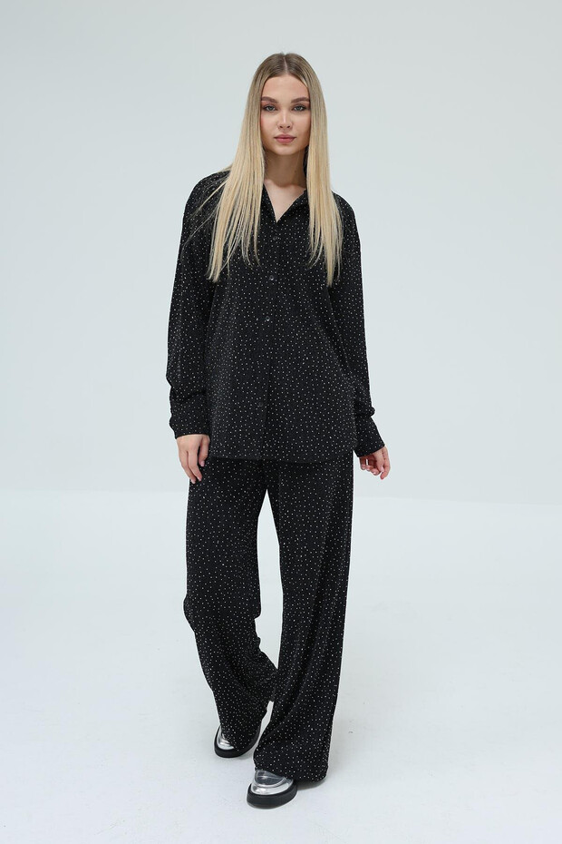 Kadın Siyah Taş İşlemeli Oversize Gömlek Ve Palazzo Pantolon Takım Vs00430 - 3