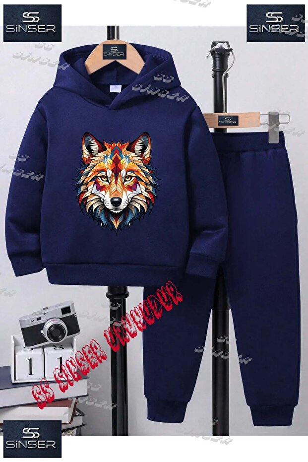 Children's Unisex "Wolf Head Colorful Geo" Special Printed Hooded Tracksuit Set