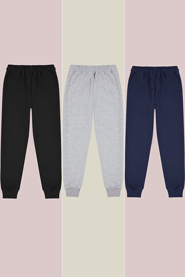 Lacivert-Gri-Siyah 3'lü Beli Lastikli Jogger Örme Erkek Çocuk Okul Eşofman Altı TKDAW25EA00000 - 3