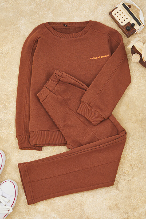 Kahverengi Pamuklu Unisex Çocuk Örme Sweatshirt ve Eşofman Alt - Üst Takım TKDAW26AU00022 - 2