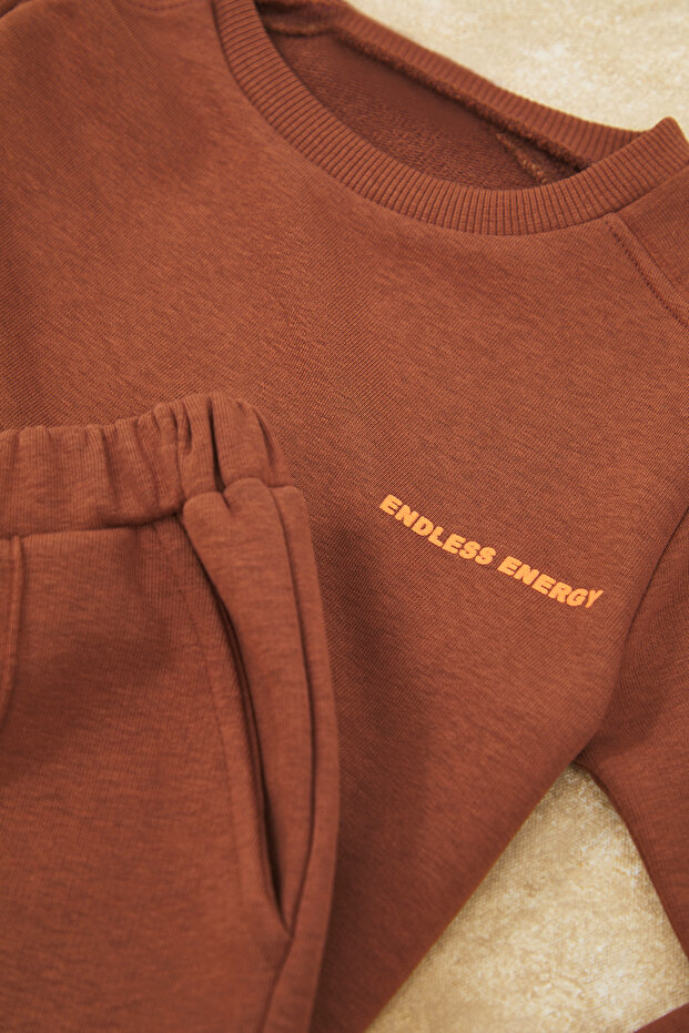 Kahverengi Pamuklu Unisex Çocuk Örme Sweatshirt ve Eşofman Alt - Üst Takım TKDAW26AU00022 - 3