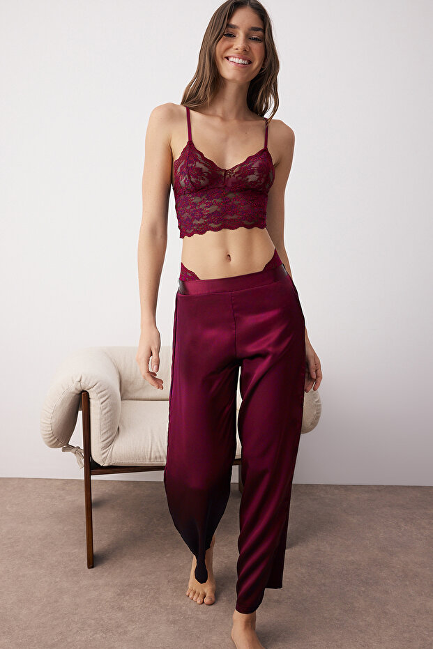 Bordo 3'lü Çeyiz Set Üst Dantel, Alt Saten Askılı Külotlu Dokuma Pijama Takımı THMAW26PT00077 - 3