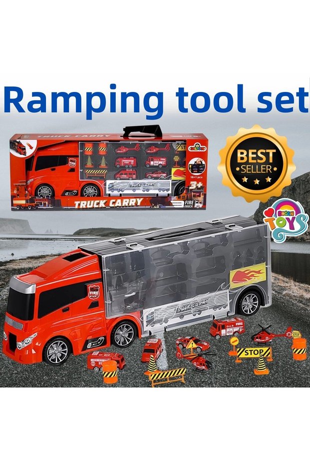 Trackless Fire Truck Set with Ramps - Fire Truck Carrier Truck - Slide Truck - Vehicle Road Set - Truck Road Set -