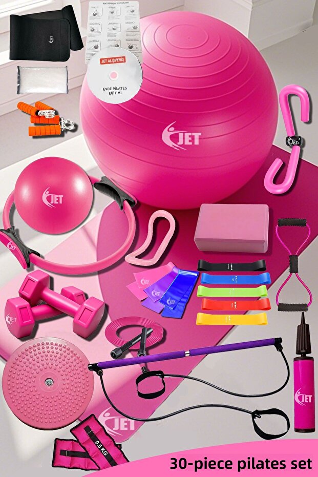 30-Piece Pilates Set Squat Set with Different Resistance Bands Pilates Bar Ball Cushion Hoop Dumbbell