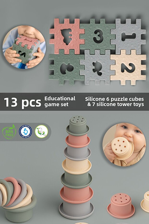 13 Piece Silicone Educational Toy Set - Cube Toy Game Tower Baby Kids Activity Toy Colorful