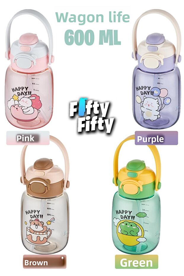 600 ML Single Lid Water Bottle with Strap and Carrying Handle - with/without Straw FFVGN2028 - 4