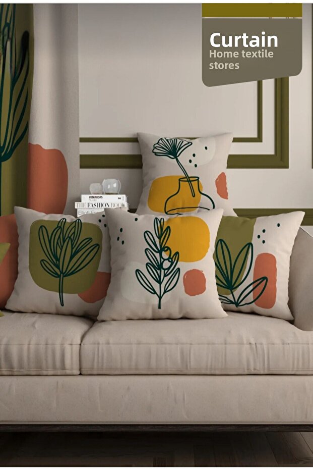 Imaginary Surreal Flowers and Vase Patterned 4-Piece Digital Printed Throw Pillow Cover 43 X 43 cm 027