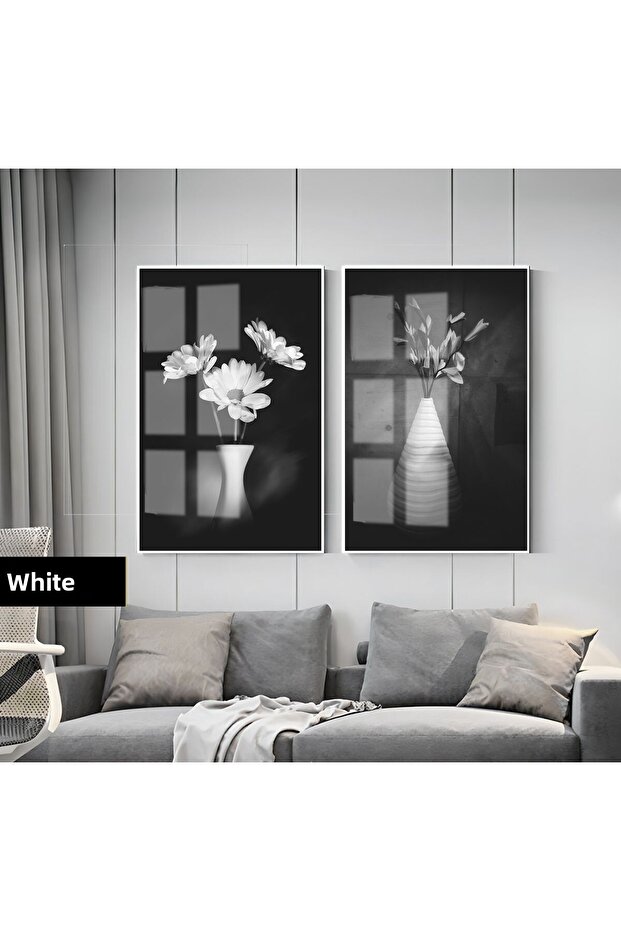 Amazing | Black&White Set Flower in a Vase Modern Combination | Framed Glass Table 2 Pieces Vertical