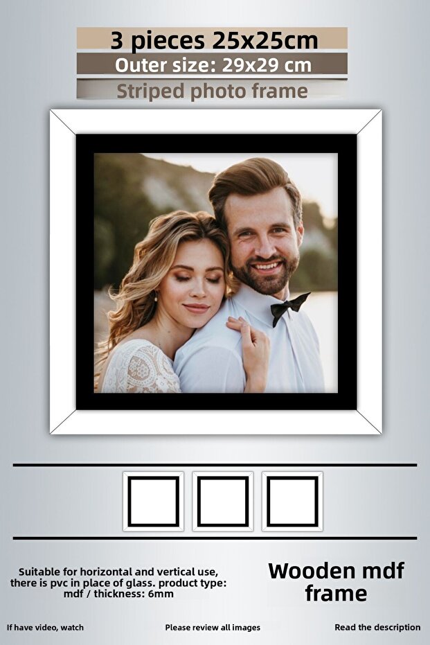 3 قطع إطار 25x25 - إطار صورة أبيض مع شريط أسود - إطار MDF - إطار مربع
