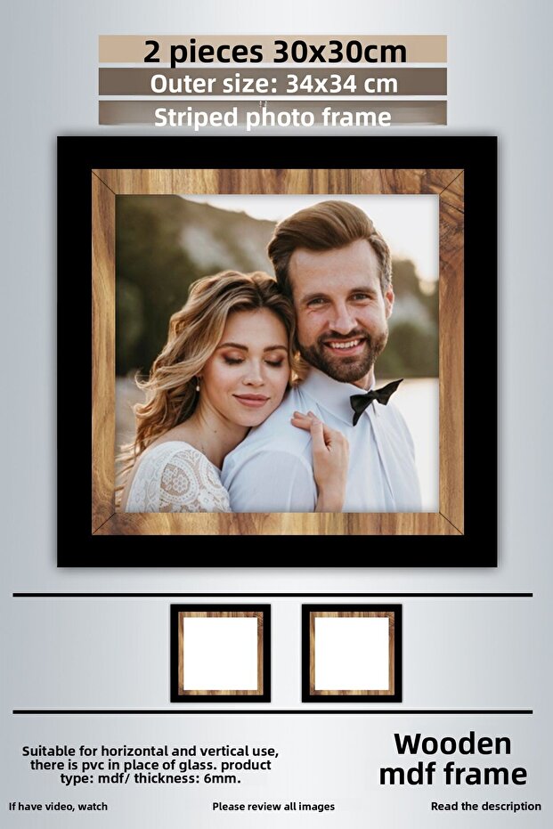 2 قطعة إطار 30x30 - إطار صور مخطط خشبي أسود - إطار MDF - إطار مربع