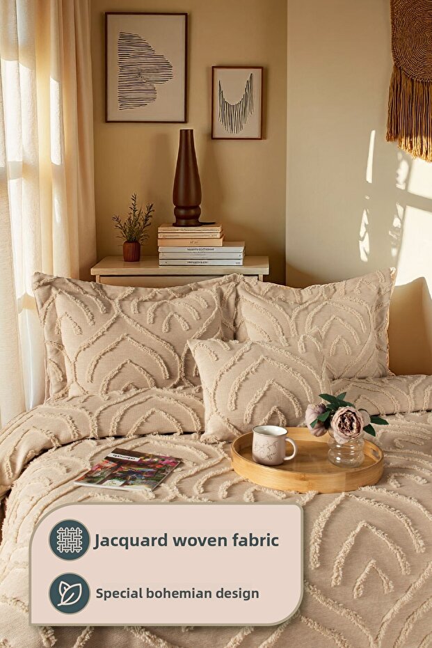 Jun Double Bedspread Set Beige - Nordic Bohemian Tassel Cover Set - Stylish Box and Package - 4