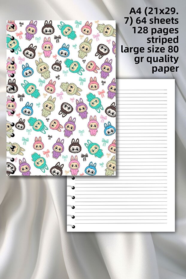 Labubu Striped School Notebook,64 Sheets/128 Pages Spiral A4 Large Size (21X29.7 cm) Size