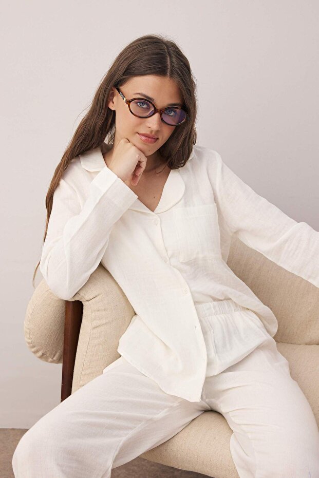 Ekru %100 Pamuklu Cepli Müslin Kumaş Dokuma Pijama Takımı THMAW26PT00023 - 2