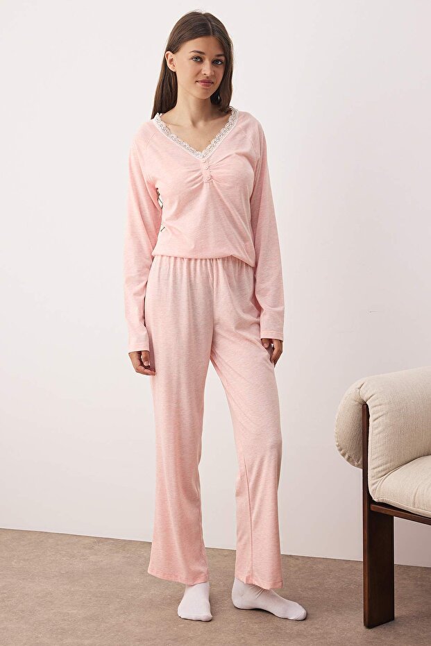 Pembe Pamuklu Dantel Detaylı Örme Pijama Takımı THMAW26PT00051 - 2