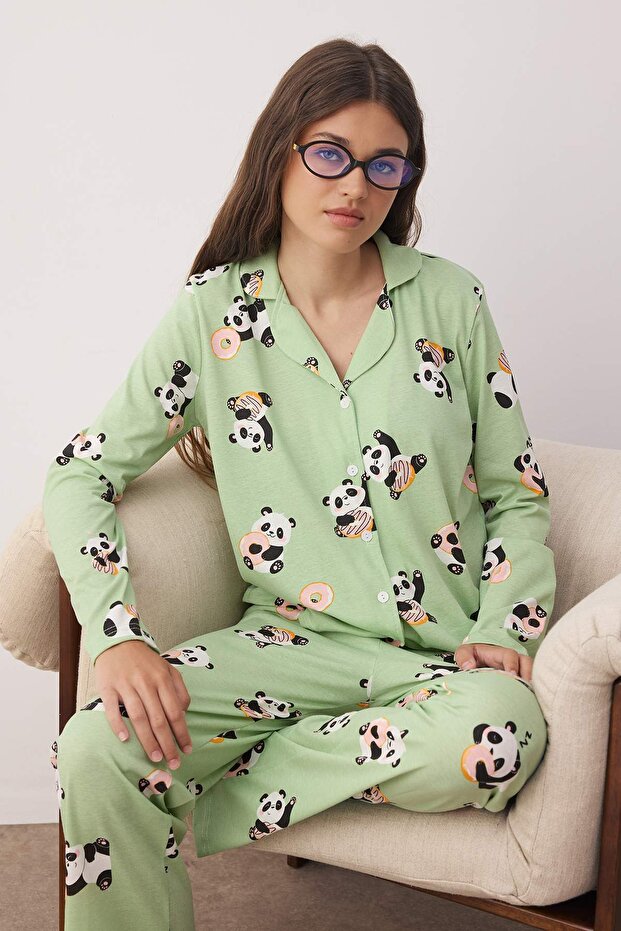Yeşil-Çok Renkli Panda Desenli Örme Pijama Takımı THMAW26PT00049 - 1