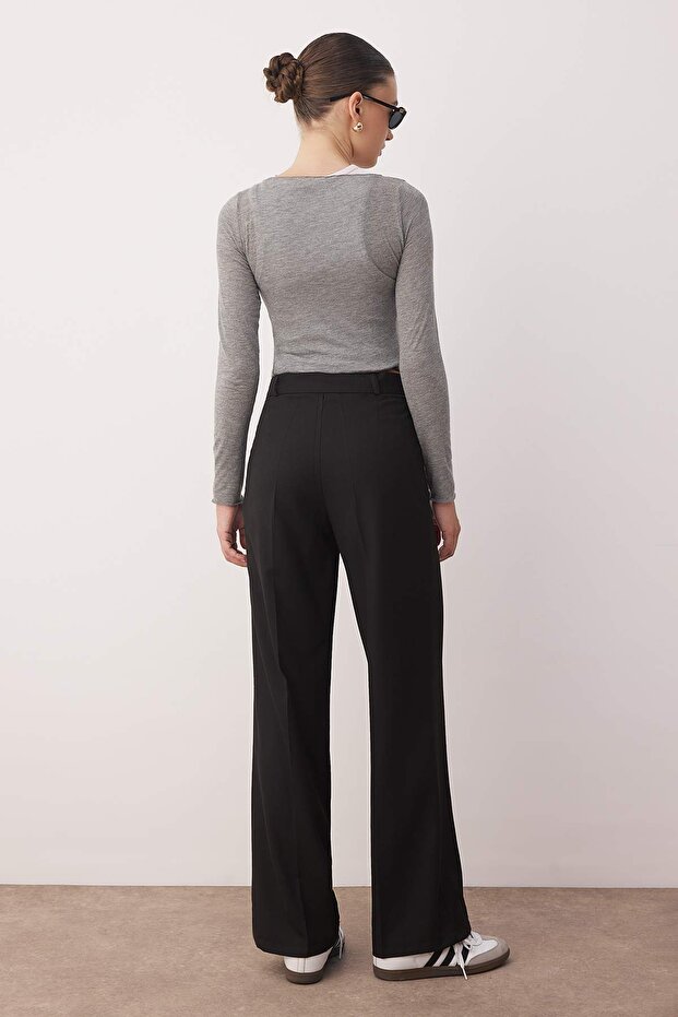 Siyah Kuşaklı Straight/Düz Kesim Nervürlü Kumaş Pantolon TWOAW26PL00047 - 5