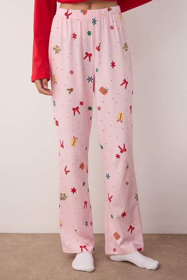 Kırmızı-Pembe %100 Pamuklu Yılbaşı Temalı Örme Pijama Takımı THMAW26PT00059 - 3