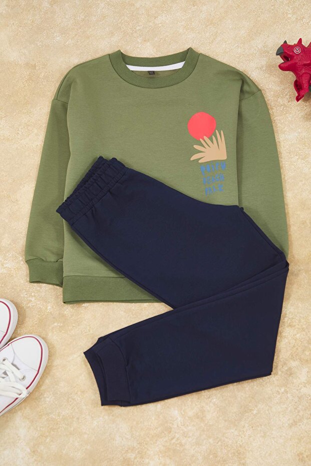 Açık Haki Pamuklu Örme Erkek Çocuk Regular Sweatshirt ve Eşofman Alt-Üst Takım TKDAW25AU00144 - 3