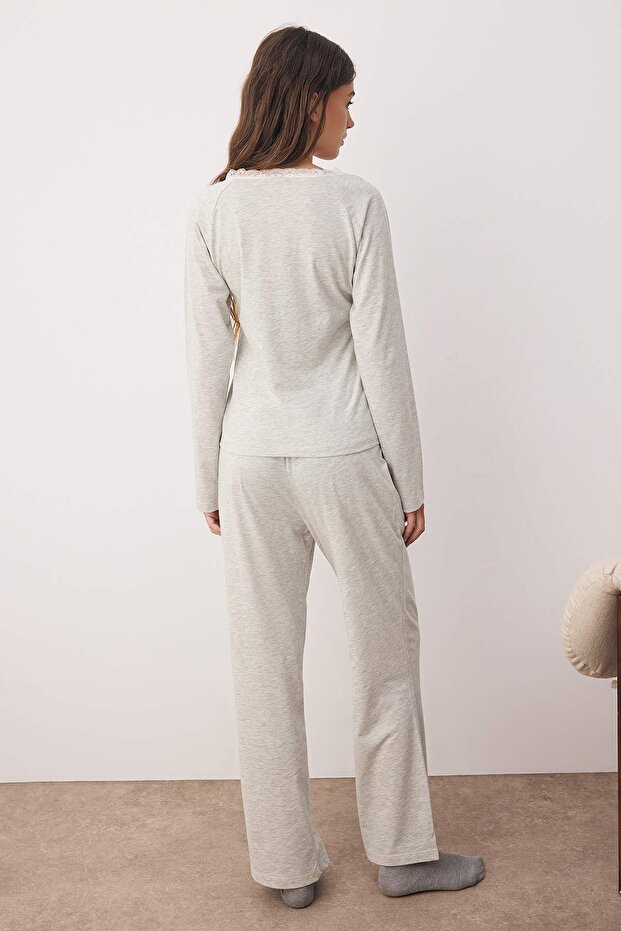 Gray Melange Cotton Lace Detailed Knitted Pajama Set Thmaw26Pt00051 - 4