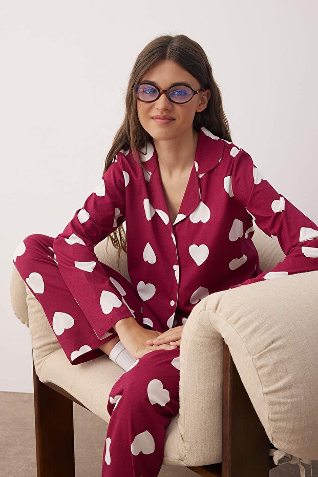 Mürdüm %100 Pamuklu Kalpli Gömlek-Pantolon Örme Pijama Takımı THMAW24PT00253 - 1