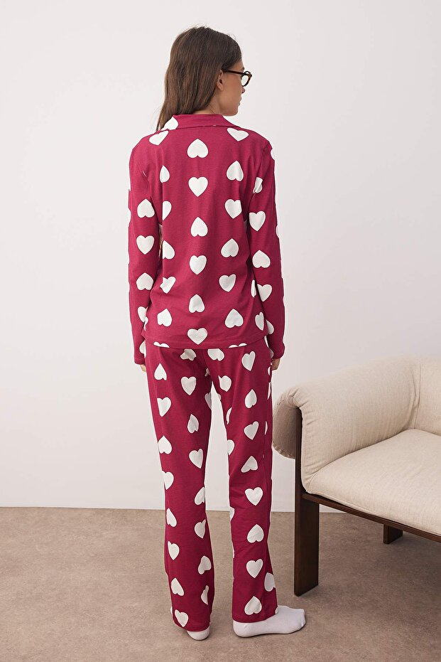 Mürdüm %100 Pamuklu Kalpli Gömlek-Pantolon Örme Pijama Takımı THMAW24PT00253 - 4