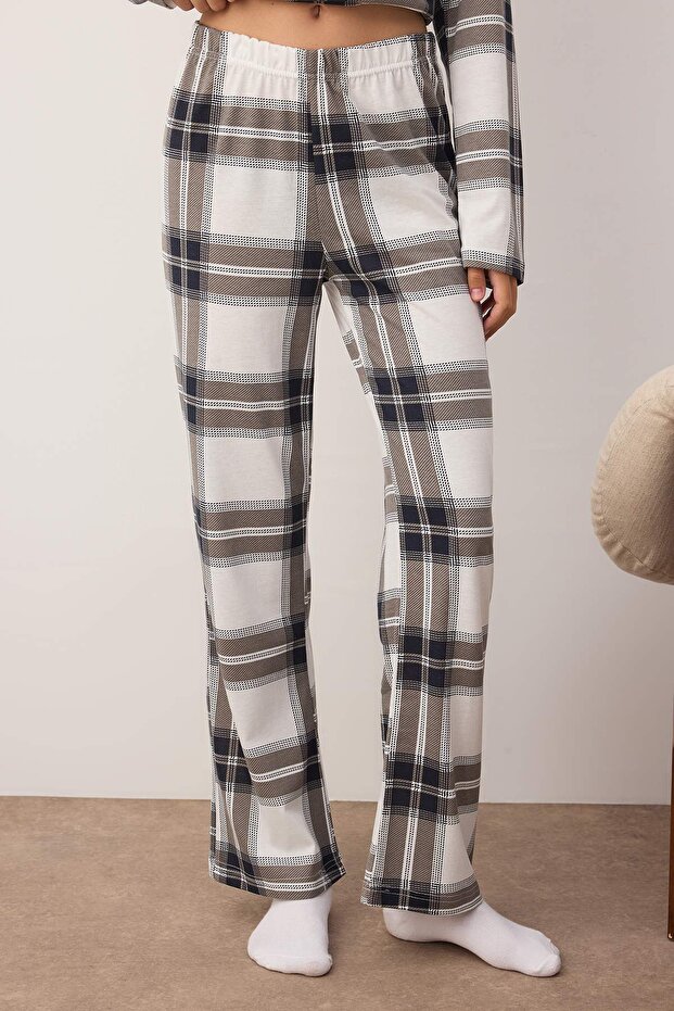 Siyah-Beyaz %100 Pamuklu Ekoseli Örme Pijama Takımı THMAW26PT00046 - 3