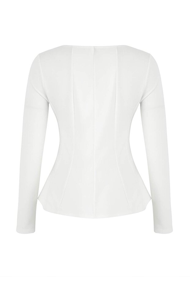 Ekru Kayık Yaka Peplum/Belden Oturmalı Regular Boy Örme Bluz TWOAW26BZ00166 - 6