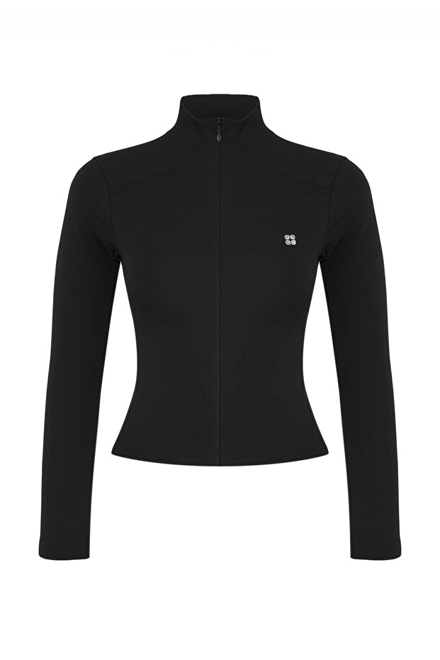 Siyah Dalgıç/Scuba Kumaş Fermuarlı ve Reflektör Baskılı Spor Örme Üst/Bluz THMAW26BZ00002 - 7