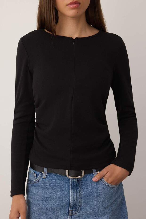 Siyah Fitted/Vücuda Oturan Çift Görünümlü Yarım Fermuarlı Çift Katlı Örme Bluz TWOAW26BZ00031 - 3
