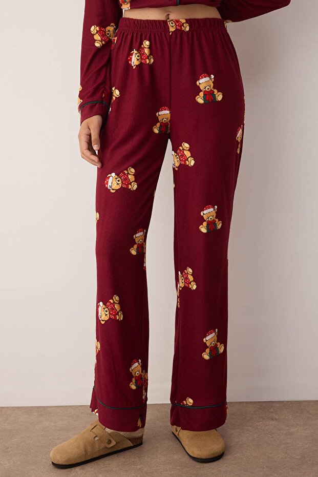 Bordo %100 Pamuklu Ayıcıklı Yılbaşı Temalı Biyeli Örme Pijama Takımı THMAW26PT00043 - 3