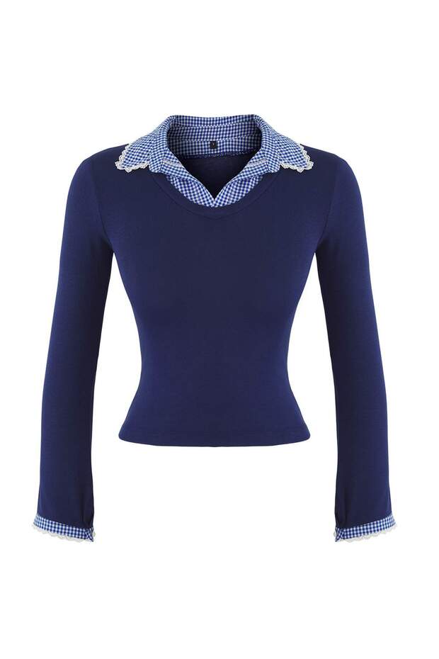 Teen Lacivert Ekose/Kareli Fitted/Vücuda Oturan Dokuma Detaylı Örme Bluz TWOAW26BZ00008 - 5