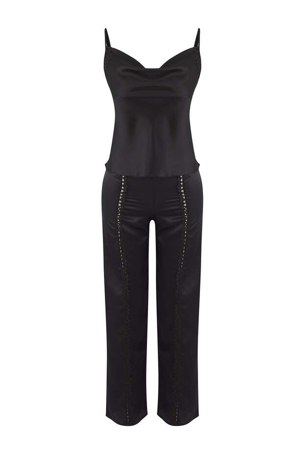 Siyah Dantel Detaylı Saten Dokuma Pijama Takımı THMAW26PT00078 - 5